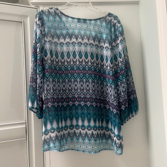 PAPERMOON Howell Tie Neck Blouse, Size Medium, Turquoise Ikat - Picture 3 of 10